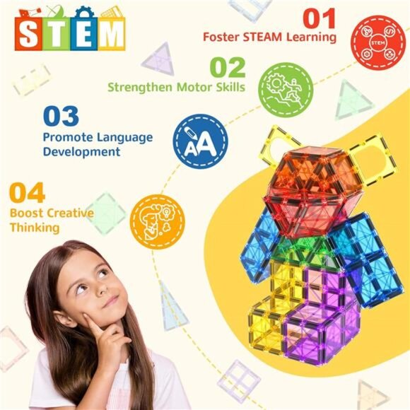 Magnetic Building Tiles, 60 Pieces, Rainbow Shapes, STEM Toys - Picture 2 of 7